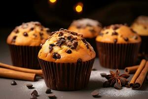 delicious muffins with chocolate chips and cinnamon, AI Generative photo