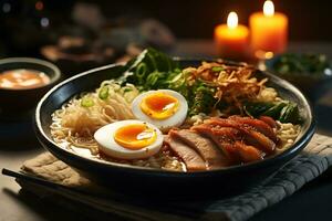 japonés tonkotsu ramen cuenco en cena mesa a restaurante, ai generativo foto