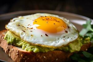 delicious fried egg with seasoning on it on an avocado toast, AI Generative photo