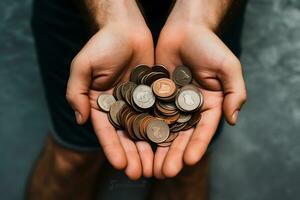 Man holding coins in palm, AI Generative photo