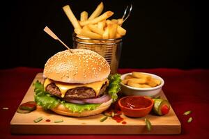 Big burger, french fries, fry sauce and two chili peppersserved on a wooden board, AI Generative photo