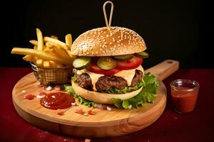 Big burger, french fries, fry sauce and two chili peppersserved on a wooden board, AI Generative photo