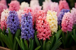 Arrangement with colorful hyacinths, AI Generative photo