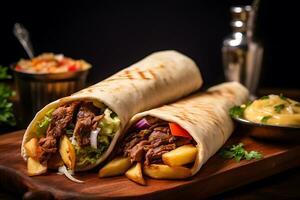 Side view shawarma with fried potatoes in board cookware, AI Generative photo