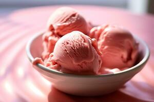 de cerca Disparo de un cuenco con cucharadas de rosado hielo crema, ai generativo foto