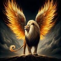 majestuoso infierno guardián - un león se eleva con alas de fuego. ai generado foto