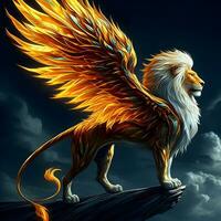 Majestic Inferno Guardian - A Lion Soars with Wings of Fire. AI Generated photo