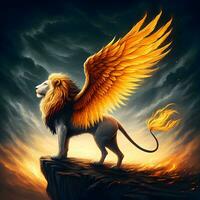 majestuoso infierno guardián - un león se eleva con alas de fuego. ai generado foto
