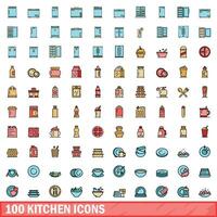 100 kitchen icons set, color line style vector