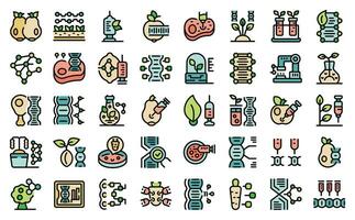 Genetic modification in agriculture icons set vector color line