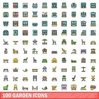 100 garden icons set, color line style vector