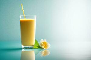 Mango MilkShake in a glass, in an aqua background. Generative AI. photo