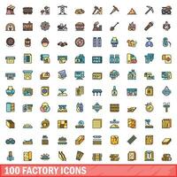 100 factory icons set, color line style vector