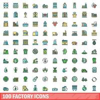 100 factory icons set, color line style vector