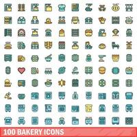 100 bakery icons set, color line style vector