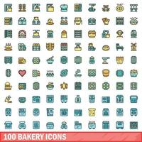 100 bakery icons set, color line style vector