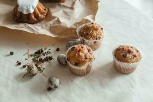 Easter cupcakes with raisins and quail eggs on a white table close-up. The concept of celebrating Happy Easter. photo