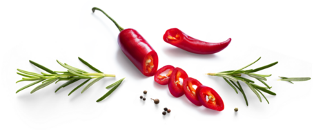 Fresh herb rosemary and red chilli pepper isolated on Transparent background. Transparent background and natural transparent shadow, Ingredient, spice for cooking. collection for design png