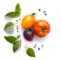 verzameling van vers biologisch tomaten en basilicum kruid bladeren. middellandse Zee salade met basilicum kruiden en tomaten met echt transparant schaduw Aan transparant achtergrond. PNG voedsel ontwerp element