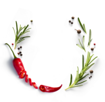 frame border Fresh green organic rosemary leaves and red hot chilli pepper isolated on transparent background. Transparent background and natural transparent shadow, Ingredient, spice for cooking png