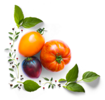 Collection of fresh organic tomatoes and basil herb leaves. mediterranean  basil herbs and tomatoes with real transparent shadow on transparent background.. Food background design element. png
