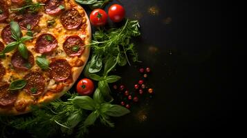 delicioso italiano Pizza con pepperoni y Tomates foto