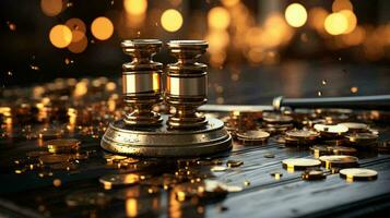 Judge gavel golden coins and money on the table. The concept of justice and corruption photo