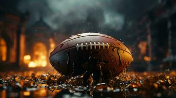 A leather ball for playing American football lies on the playing field photo