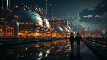 Oil refinery engineer, oil industry worker stands in front of a large chemical plant photo