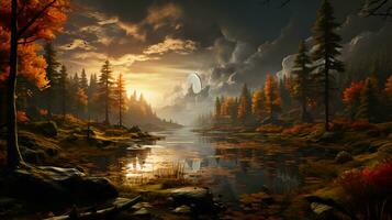 Forest river surrounded by green natural trees and grass in the forest in autumn. Concept green energy ecology and environmental care photo