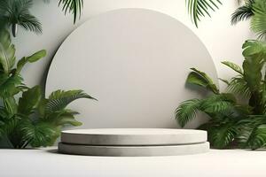 3d Roca podio plataforma en tropical plantas decoración, para presentación monitor productos cosméticos productos marca, vacío mínimo etapa identidad y embalaje diseño, ai generar foto