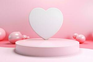 3D cylinder pedestal or stand podium with hearts decorations celebration, Valentine day minimal scene for product display presentation. Geometric platform design, ai generate photo