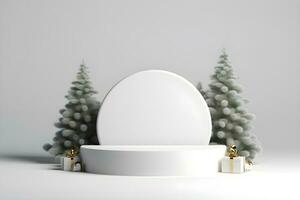 3d mínimo burlarse de arriba escena geometría podio forma para espectáculo cosmético producto mostrar. etapa pedestal o plataforma. invierno Navidad decoraciones celebracion, ai generar foto