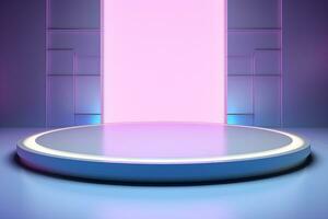 3D circular pedestal and lights on blue and pink background, light purple Minimalist stage design, Product presentation, mock up, Show cosmetics podium, platform, ai generate photo