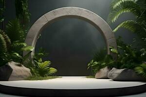 3d Roca podio plataforma en tropical plantas decoración, para presentación monitor productos cosméticos productos marca, vacío mínimo etapa identidad y embalaje diseño, ai generar foto