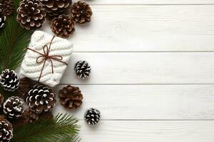 Top view Christmas decoration on wooden background, AI generate photo