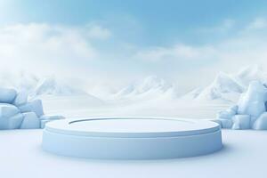 3D podium minimal mock up blank stage with landscape snow winter scene, For product display presentation design, ai generate photo