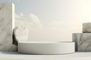 Stone podium rock platform 3d for display minimal product display presentation cosmetics products branding, Empty stage showcase identity and packaging design, ai generate photo