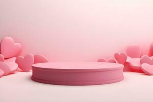 3D cylinder pedestal or stand podium with hearts decorations celebration, Valentine day minimal scene for product display presentation. Geometric platform design, ai generate photo