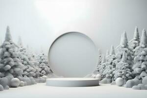3D minimal mock up scene geometry podium shape for show cosmetic product display. stage pedestal or platform. Winter Christmas decorations celebration, ai generate photo