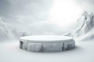 3D White stone podium minimal product display pedestal rock with landscape snow winter scene, ai generate photo