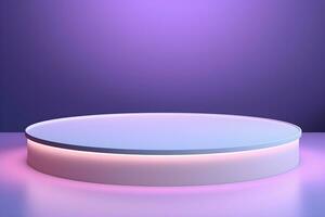3D round circular stage with a shiny neon light, in the style of pastel color scheme, minimalist stage design, Podium lights on blue and pink stage pedestal or platform, ai generate photo