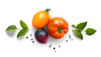 Collection of fresh organic tomatoes and basil herb leaves. mediterranean salad with basil herbs and tomatoes. PNG Food background design element with real transparent shadow