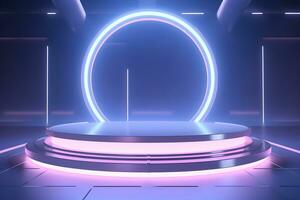 3D round circular stage with a shiny neon light, in the style of pastel color scheme, minimalist stage design, Podium lights on blue and pink stage pedestal or platform, ai generate photo