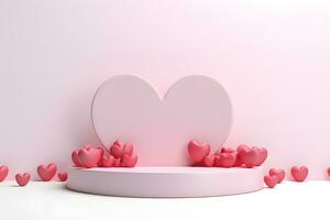 3D cylinder pedestal or stand podium with hearts decorations celebration, Valentine day minimal scene for product display presentation. Geometric platform design, ai generate photo