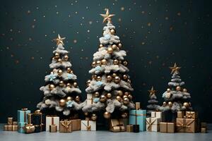 christmas tree and gift boxes on dark green wall room background, AI generate photo