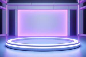3D round circular stage with a shiny neon light, in the style of pastel color scheme, minimalist stage design, Podium lights on blue and pink stage pedestal or platform, ai generate photo