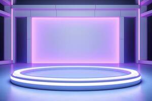 3D round circular stage with a shiny neon light, in the style of pastel color scheme, minimalist stage design, Podium lights on blue and pink stage pedestal or platform, ai generate photo