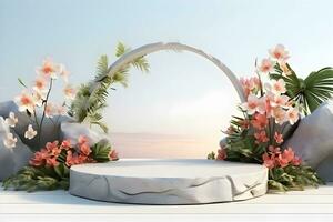 3D Stone podium platform in tropical plants decoration, For Presentation display cosmetics products branding, Empty minimal stage identity and packaging design, ai generate photo