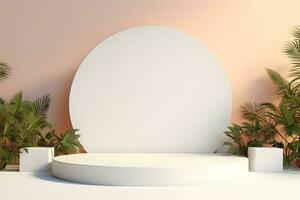 3D podium minimal mock up showcase with tropical plants palm trees, Presentation cosmetic products branding, Empty stage platform identity and packaging design, ai generate photo